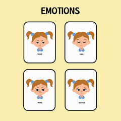 Flashcards of a Girl Experiencing Emotions. Boring, calm, worried, angry