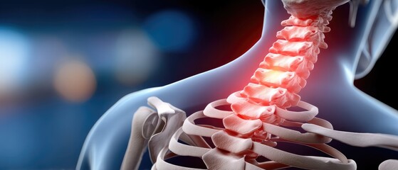 Detailed view of a human spine highlighting a cervical injury with a red glow indicating pain or inflammation in a clinical setting