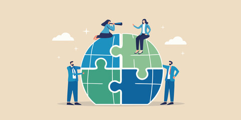 People collaborating and connecting the world through puzzle pieces and vision