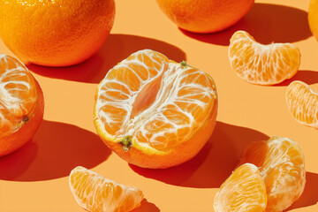 Vibrant, juicy tangerines arranged artfully on a warm orange background, showcasing fresh citrus segments and whole fruits for a delightful, healthy concept.