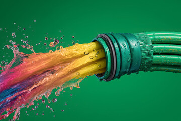 Fototapeta premium Vibrant rainbow colors burst forth from a garden hose spraying water, creating a dynamic splash with droplets against a solid green background