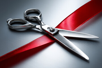 Red ribbon cutting with office scissors, ceremonial opening and new venture launch concept photography