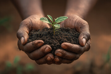 Hands with fertile soil and sprouting seedling, new beginnings and environmental care concept metaphor