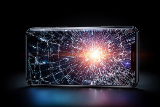 Smartphone with shattered screen in spiderweb crack pattern, technology damage and device accident concept photography