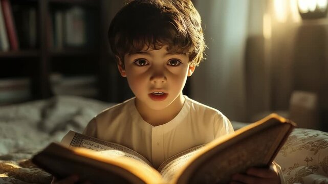 A young boy reading the Quran at home, with a peaceful atmosphere and soft lighting. Eid al-Fitr, Ramadan Kareem, Eid al Adha, Eid Mubarak, islam.Banner. Copy space.