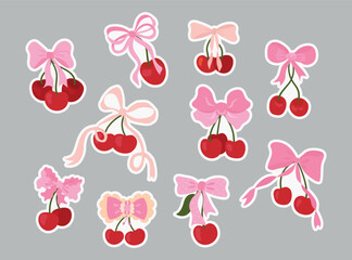 Cherry and Bow Sticker Illustration. Coquette Sticker Set 