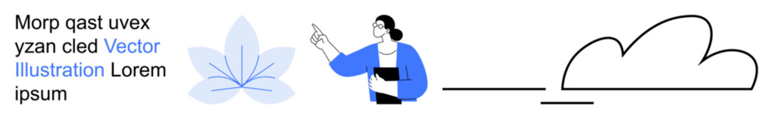 Creativity, abstract art, nature, weather, modern design, digital media. A woman pointing at a minimalist cloud and flower motif. Creativity and abstract art concepts