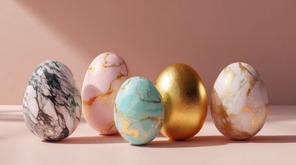 Luxury marble and gold Easter eggs arranged in soft light