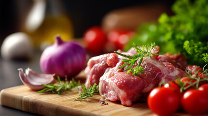 Fresh pork meat, prepared for cooking, emphasizing meat quality, preparation process focus, culinary ingredient display, food production emphasis, kitchen preparation visual, defoc