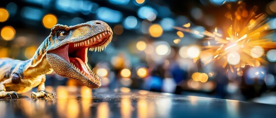 Dinosaur toy roaring with sparks indoor event action scene playful environment close-up perspective imagination in motion