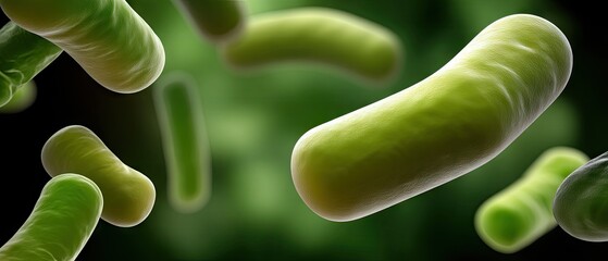Green bacteria floating in a microscopic view showing unique shapes and textures in a vibrant environment with a blurred background