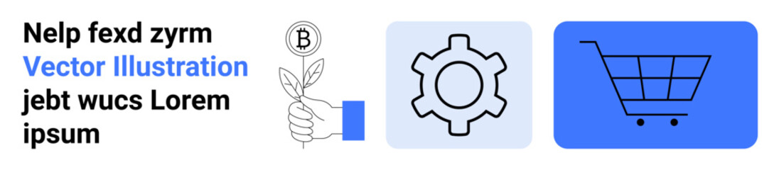 Hand holding a plant with currency, gear symbol, and shopping cart icon. Ideal for finance, sustainability, e-commerce, automation, technology, innovation and simple landing page