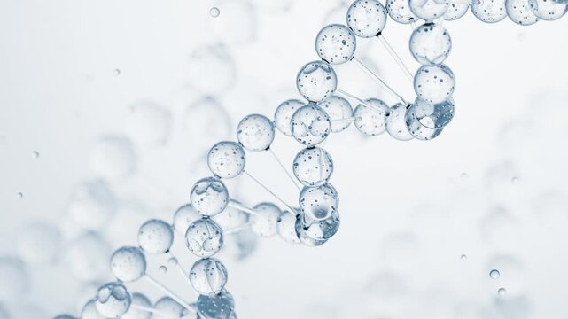 3D animation of crystal DNA helix strands with sparkling light and water texture. Perfect for skincare, cosmetic science, anti-aging concepts, and biotechnology projects.