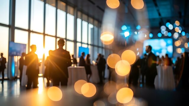 Blurred people at business event with bokeh lights in modern venue