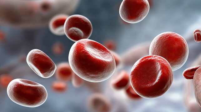 Microscopic view of red blood cells moving through a bloodstream with blurred background in a scientific illustration - Powered by Adobe