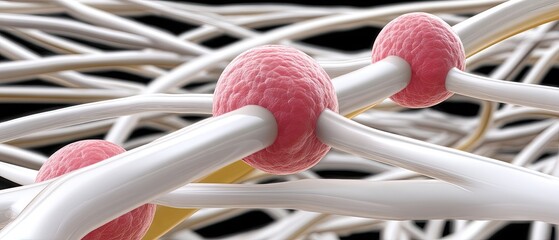Detailed illustration of molecular structures with pink spheres and white filaments showcasing cellular interactions in a scientific setting