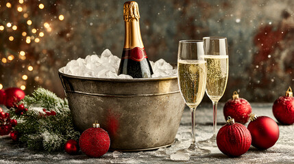 Festive background with a sparkling wine bottle chilling in ice bucket and two champagne flutes
