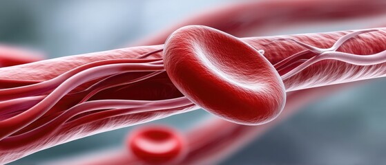 Close-up view of red blood cells moving through blood vessels in a human body under microscope in a health and biology study context