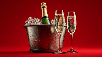 A bottle champagne chilling in ice bucket and two champagne flutes standing near, red background