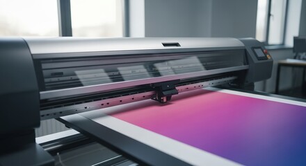 High-quality printer in a modern printing house, producing vibrant prints on glossy paper, showcasing advanced technology and precision in the printing process