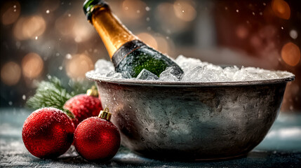A champagne bottle in an ice bucket on a table with red ornament balls, blurry lights in background 