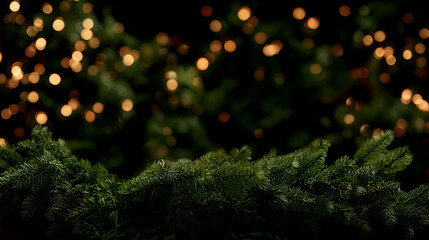 Abstrakt festive background with green pine tree branches and blurred lights 