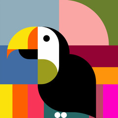 Fototapeta premium Vibrant geometric toucan illustration with abstract shapes and bold colors, capturing tropical essence in a modern art style