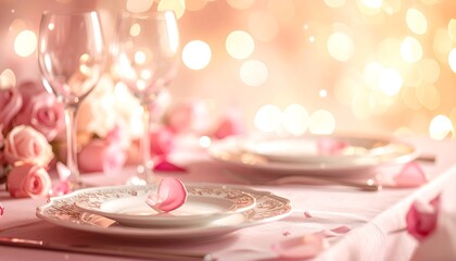 Romantic dining setting with floral arrangement, elegant plates, crystal glasses, and soft bokeh background