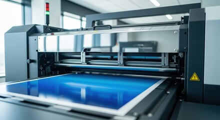 High-quality printer in a modern printing house, showcasing vibrant blue paper being processed, highlighting advanced printing technology and precision in production