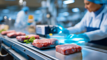 Hygiene top priority, meat processing plant, strict cleaning protocols, prevent contamination maintain, safety meat produced, quality control emphasis, sanitation standards display