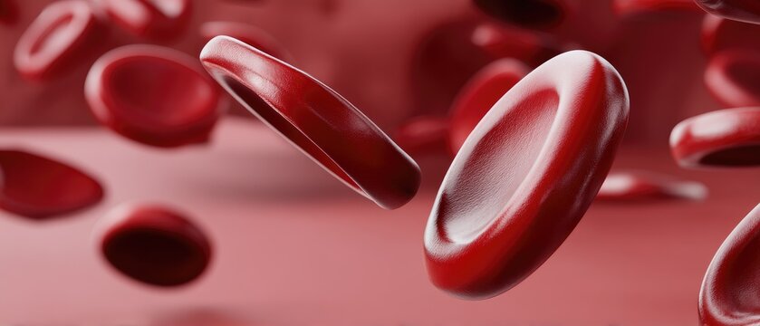 Red blood cells floating in a simulated environment showcasing their shape and structure in detail - Powered by Adobe