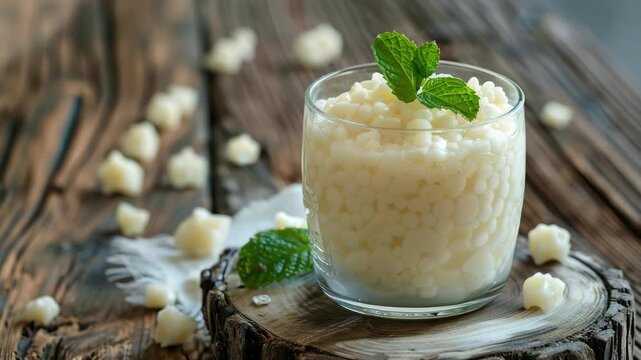 Glass of creamy tapioca pudding garnished with fresh mint leaves on wooden surface