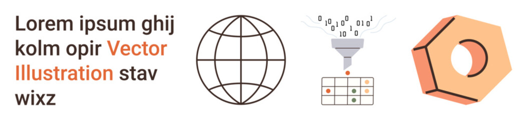 Data analysis, globalization, technology, digital processes, manufacturing, industrial design. Globe, data funnel hexagonal nut. Data processing and globalization concepts