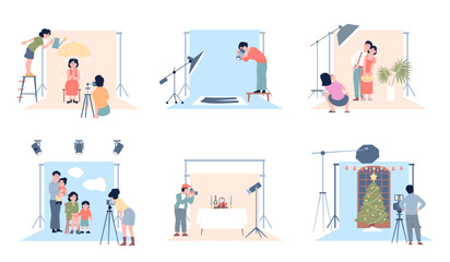 Photoshoot with photographer. People taking photos for blog or marketplace. Studio photography for family album, memories, recent vector scenes