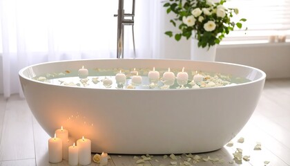 Serene bathroom scene featuring a white, modern bathtub filled with water, floating candles, and rose petals. A bouquet of flowers sits near