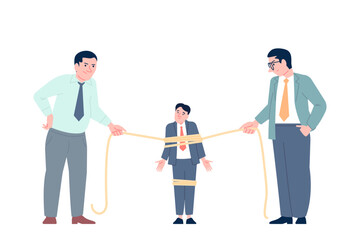 Employee tied. Metaphor of restrictions, corporate obligations and demands, oppression of small businesses by large corporations, taxes, recent vector scene