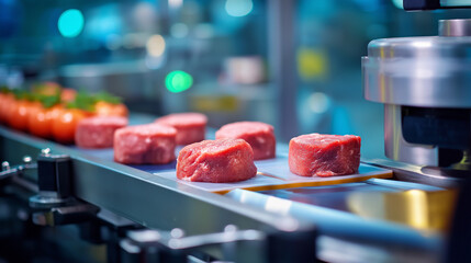 Automated meat processing, fresh cuts moving, production conveyor belt, industrial food facility, manufacturing line operations, quality control system, hygiene standards emphasis,