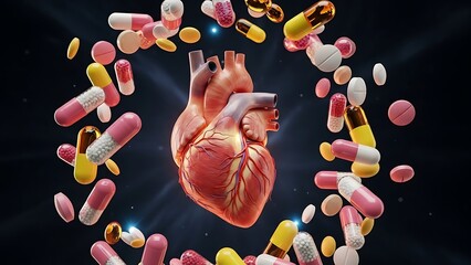 3D medical graphic of a vital human heart and airborne drugs, used for education on pharmacological cardiac intervention