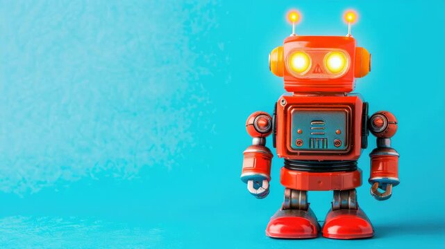 Vintage red robot with retro design on bright blue background