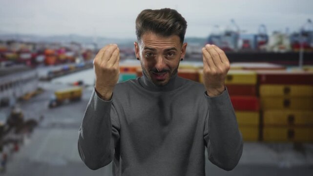 Young hispanic man makes questioning hand gesture at port while standing in front of blurred shipping containers; curiosity.