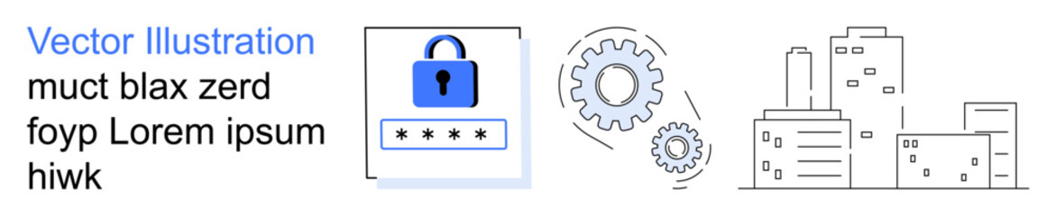 Online protection, secure data, system integration, urban development, infrastructure security, technical progress. Lock with password field, gear icons city buildings. Cybersecurity and secure data