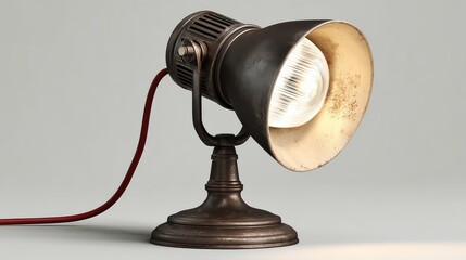Vintage industrial desk lamp with a metallic finish, featuring a warm light bulb and a red cord, showcasing a classic design suitable for modern or retro decor