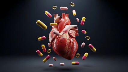 Abstract medical illustration of a heart and many different colored pills, representing the necessity of drug-based therapies