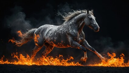 Fiery horse illustration symbolizing the Chinese zodiac year of the Horse 2026. Artistic depiction of a blazing horse with flames representing strength and energy.