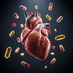 Conceptual art showing a realistic human heart and pharmaceutical medicines, underscoring heart care and modern drugs