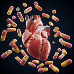 Realistic human heart visualization featuring an array of vibrant drugs, illustrating the concept of cardiovascular treatment