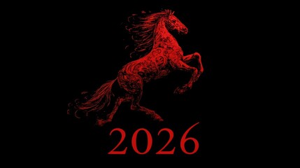 Red horse illustration with the year 2026 on a black background