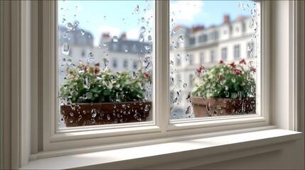 Close-up view of a window with raindrops, showcasing vibrant flower pots outside, creating a serene atmosphere of a rainy day, inviting a sense of calm and reflection