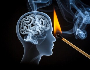 Silhouette profile of a human head, cerebral anatomy visible as smoke. A lit match head burns close to the mind