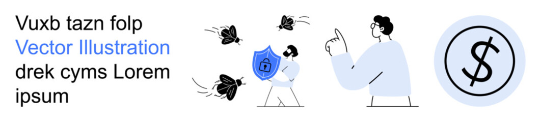 Obraz premium Cybersecurity, data protection, digital threats, online safety, financial security, secure transactions. Person pointing at a shield deflecting bugs, dollar symbol nearby. Cybersecurity and data
